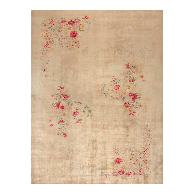 1920s Tan Khaki Floral Antique Chinese Art Deco Rug 10'0" X 13'4" Knotted Wool Carpet For Sale