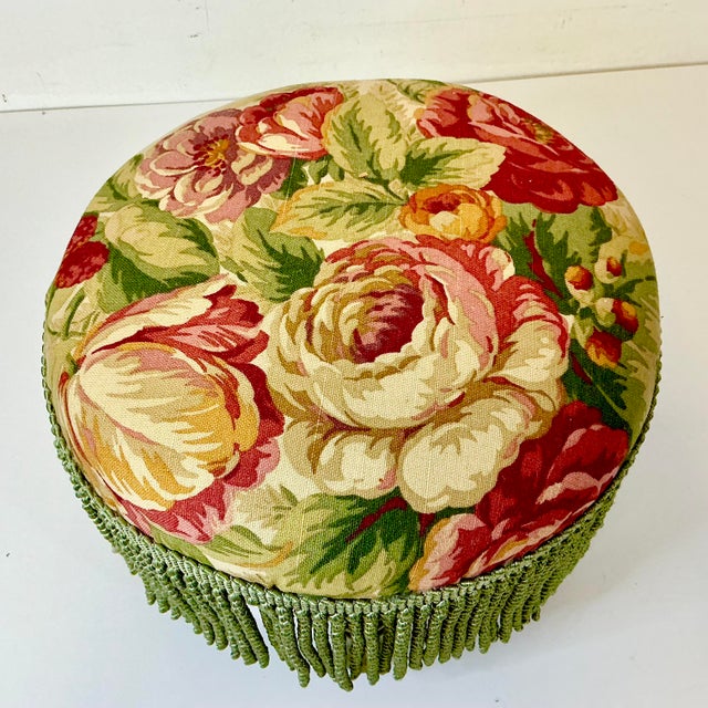 1960s Vintage English Garden Roses Linen & Sage Fringe 3-Legged Footstool, Newly Re-Upholstered For Sale - Image 13 of 13