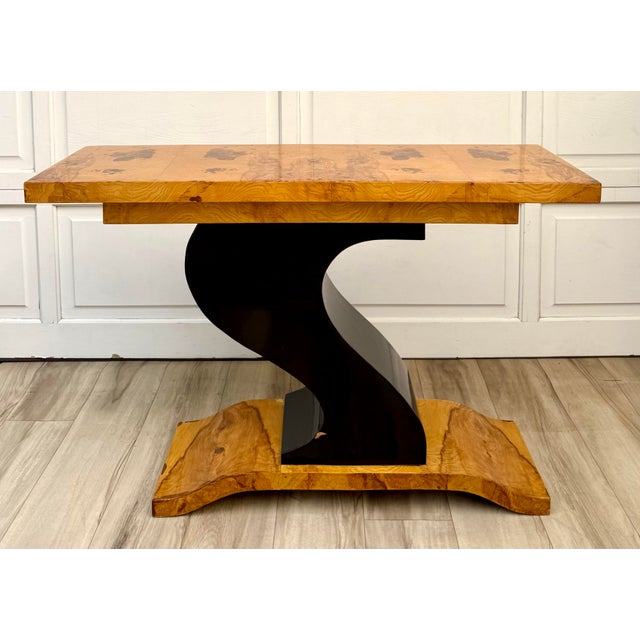 Art Deco Revival Burlwood Console Table With Sculptural Curved Base For Sale - Image 11 of 16
