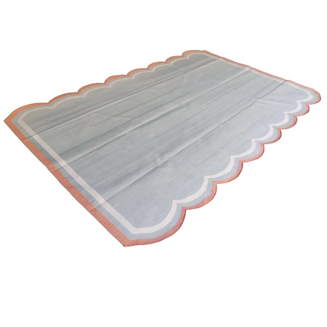 Gray Handmade Cotton Scalloped Rug, Grey with Cream and Terra Cotta Border 8'x10' For Sale - Image 8 of 8