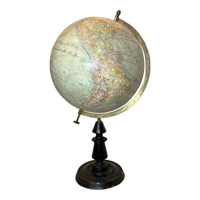Large Terrestrial World Globe by J. Forest Early Grande 20th Century Wood Brass For Sale