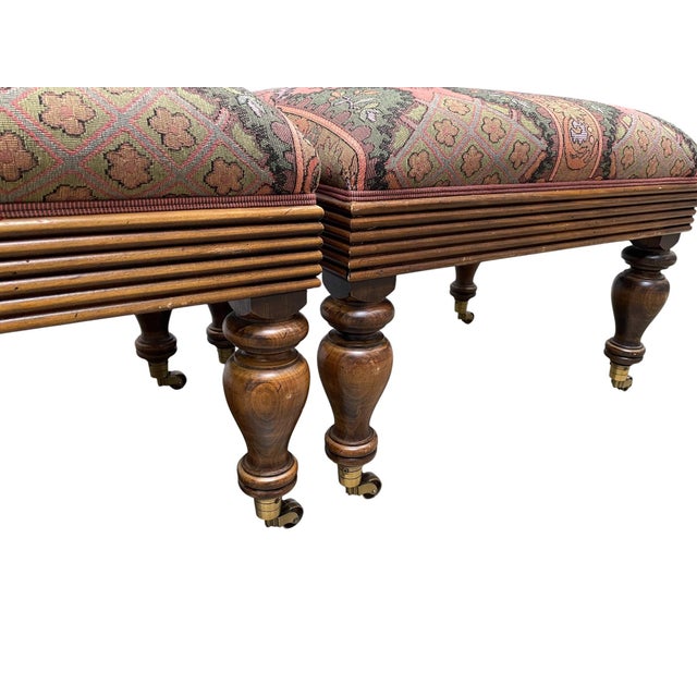 Grange French Upholstered Footstool Ottomans on Brass Casters, Pair For Sale - Image 9 of 10