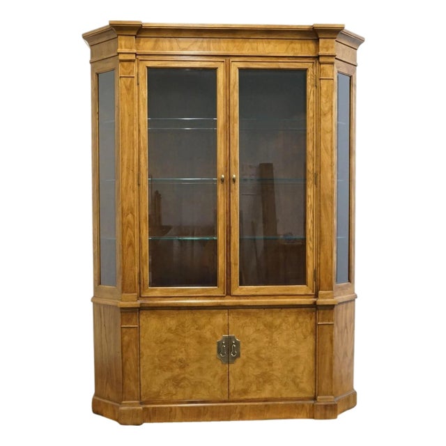 Century Furniture Italian Neoclassical Tuscan Style Burled Walnut 62" Lighted Display China Cabinet For Sale