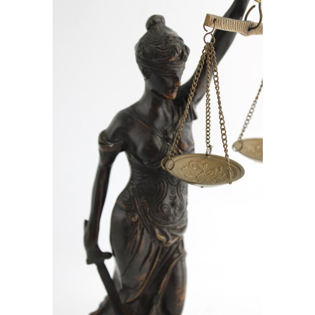 Late 20th Century Late 20th Century Bronze Lady Justice Statue With Blindfold and Scales, Heavy, 15.25" Tall, Law Office Decor For Sale - Image 5 of 9