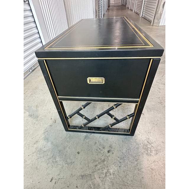 Vintage Sligh Furniture Black Lacquer Campaign Desk With Gold-Tooled Leather Top & Faux Bamboo Base For Sale - Image 10 of 15