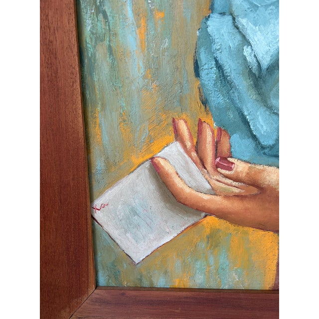 Large 40" Vintage Framed Portrait of a Gypsy Woman in Ruffled Blue Dress For Sale In San Francisco - Image 6 of 8