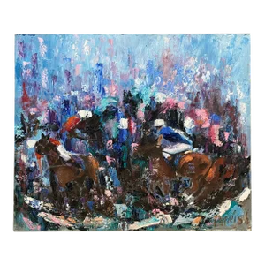 Oil on Canvas Painting Depicting a Horse Race, Signed