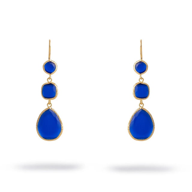 Metal Blue Cat Eye Dangle Earrings, A Pair For Sale - Image 7 of 7