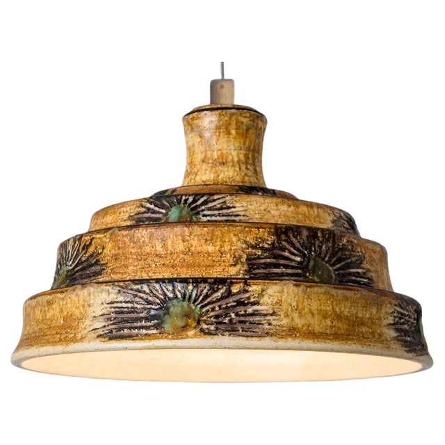 Pyramid Brown Yellow Ceramic Pendant Light, Denmark, 1970s For Sale