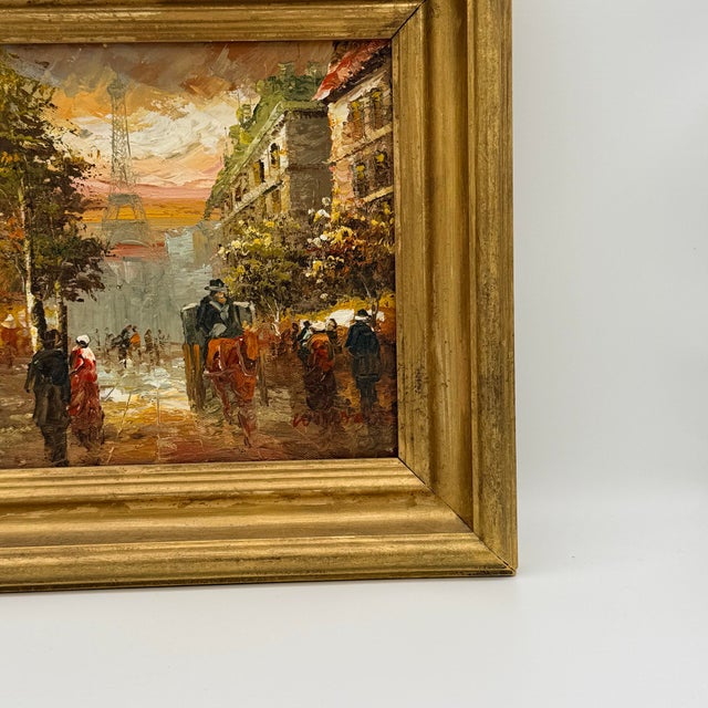 Wood Vintage Paris Street Scene Oil Painting With Eiffel Tower – Impressionist Café Landscape in Gilt Frame For Sale - Image 7 of 8