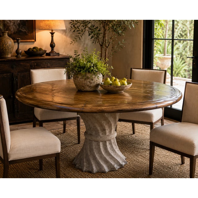 Artifacts International Rustic Modern Round Dining Table With Sculptural Concrete Base – 60” Diameter For Sale - Image 12 of 12