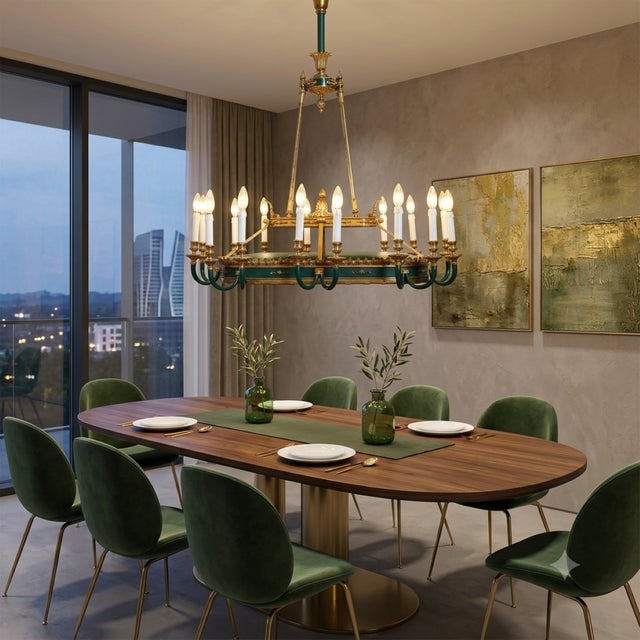 Chandelier in Gilded Bronze and Green Lacquered Metal For Sale - Image 4 of 18