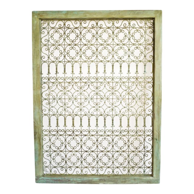 Large Green Wood Framed Open Iron Screen For Sale