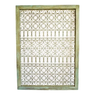 Vintage Large Green Wood Framed Open Iron Screen For Sale