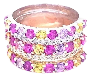 Multi Color Sapphire Diamond Gold Stackable Bands, Size 7