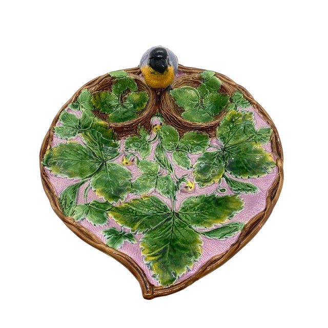 Holdcroft Majolica Strawberry Server, the relief molded dish of leaf form with green glazed strawberry leaves, with pink...