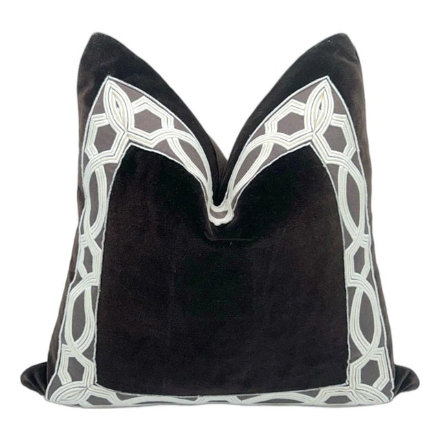 Chocolate Brown Velvet Decorative Pillow Cover With Ivory Embroidered Border For Sale