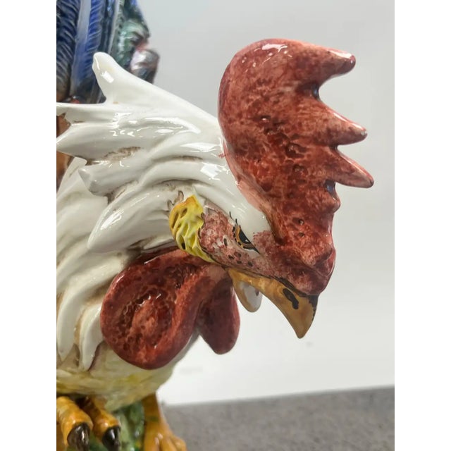 Emerald Vintage Hand-Painted Italian Majolica Ceramic Fighting Rooster Sculpture, a Pair 1980's For Sale - Image 8 of 15