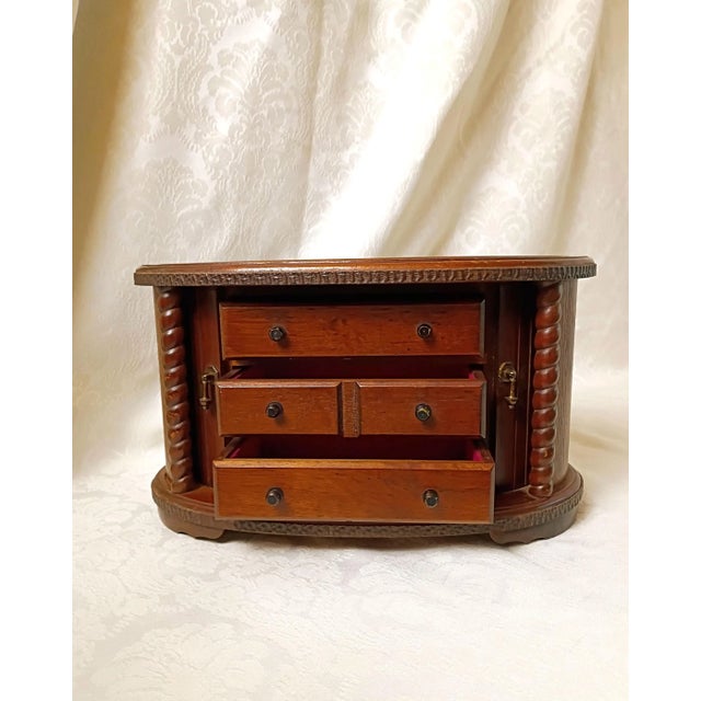 Mid-Century Modern 1960s Jewelry Armoire Box With Drawers Whimsigoth Tambour Keepsake Chest Vanity Top Dressing Table Dark Academia Victorian Gothic Revival Decor For Sale - Image 3 of 16