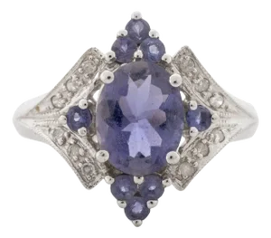 10k White Gold Iolite and Diamond Cluster Ring.