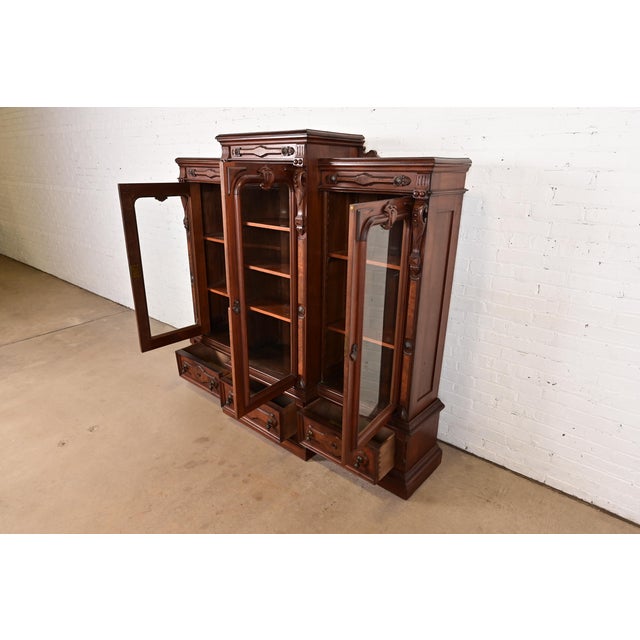 Herter Brothers Style Antique Eastlake Victorian Carved Walnut and Burl Wood Triple Bookcase Cabinet, Circa 1880s For Sale In South Bend - Image 6 of 14