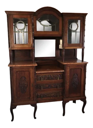 Antique French Country Buffet Server,Marble-Top and Leaded Glass Dry Bar, Sideboard,Curio Cabinet