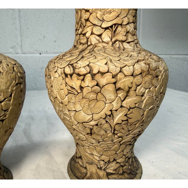19th Century Pair of Antique Handmade Chinese Carved White Lacquer Cinnabar Floral Vase Urn For Sale - Image 5 of 12
