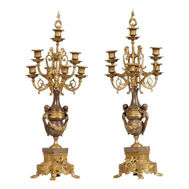 Brevettato Italian Pair of Marble and Gilt Bronze Candelabra For Sale