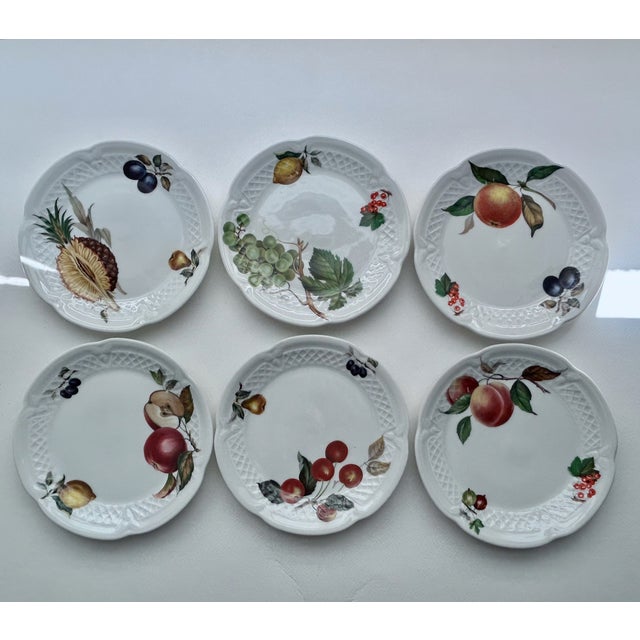 Set of Six Louis Lourioux ”Vesca” Berry Haute Porcelaine Canape Plates produced by Philippe Deshoulieres.. Appetizers....