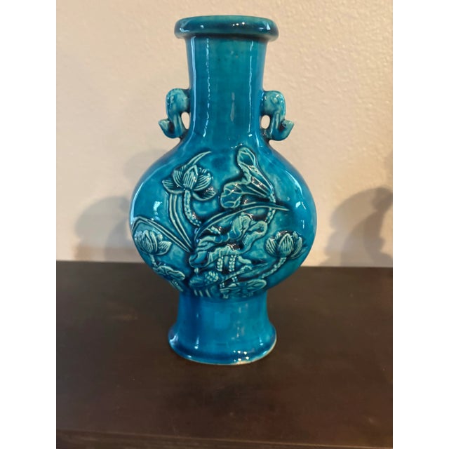 Shabby Chic Fine Vintage Pair of Chinese Turquoise Glazed Vases, 8.5” High Each, From Christie’s Auction House For Sale - Image 3 of 10