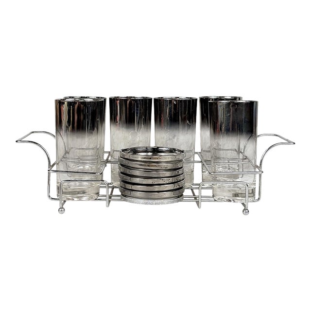 1980s Mid-Century Chrome Silver Fade Tall Liquor Glass & Coaster Bar Serving Set - 13 pcs For Sale