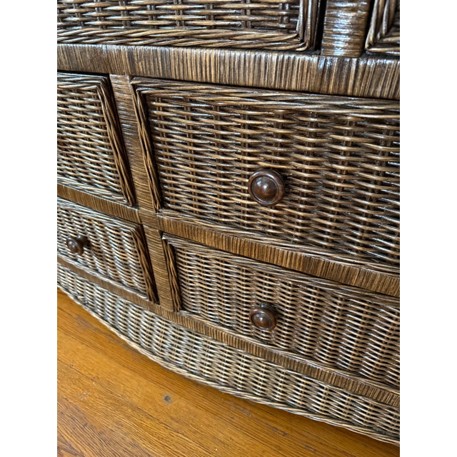 Late 20th Century Coastal Skirted Bow Front Wicker Rattan Seven Drawer Dresser For Sale - Image 6 of 14
