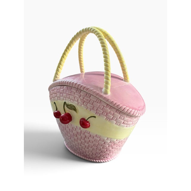 Mid-Century Modern Vintage Pink Woven Basket Cherry Cookie Jar With Yellow Handle For Sale - Image 3 of 6