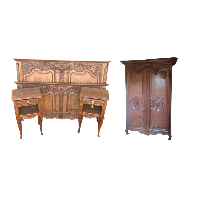 Normandy Oak Bedroom Set, 1890, Set of 4 For Sale