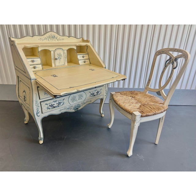 La Barge Vintage La Barge Hand Painted Blue and White French Secretary Desk and Chair For Sale - Image 4 of 11