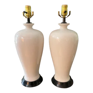 Vintage White Sleek Asian Table Lamps - a Pair