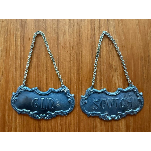 Pair of vintage Gorham silver plate GIN and SCOTCH decanter or bottle hanging tags. Classic touch to any barware...