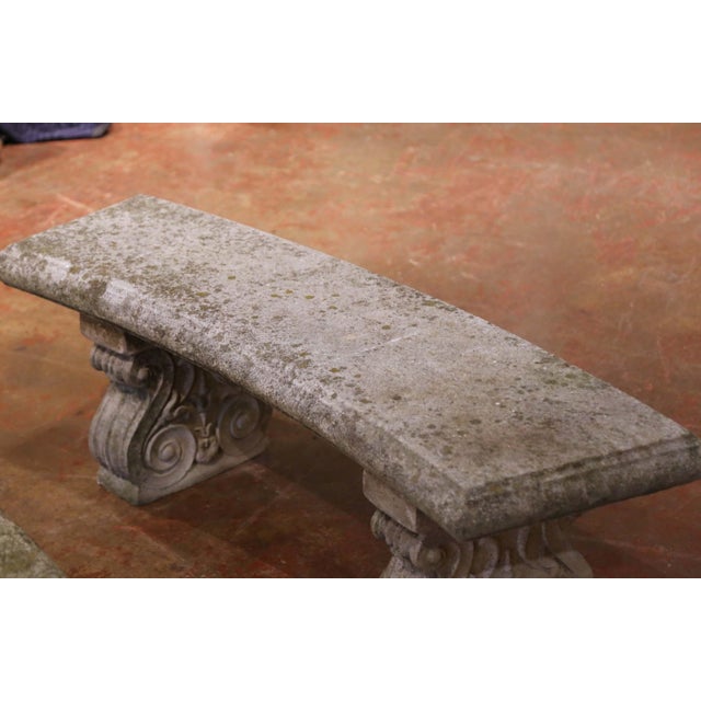 Gray Pair of Early 20th Century French Weathered Curved Cast Stone Garden Benches For Sale - Image 8 of 9