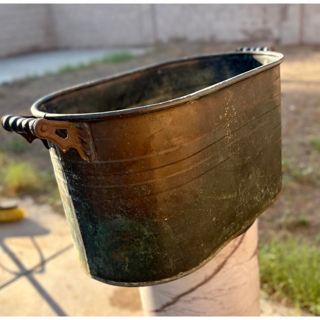 Wood Large Revere Copper Antique French Boiler Wash Tub, Basin, Cook Pot, Firewood Vessel With Lid For Sale - Image 7 of 12