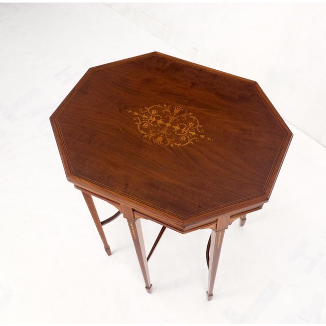 Brown Very Ornate Delicate Lines Walnut Inlay Stretched Hexagon Lamp Side Table Mint For Sale - Image 8 of 16