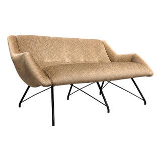 Brazilian Modern "Concha" Loveseat in Metal & Textured Brass-Toned Fabric by Carlo Hauner, 1955 - Lot 42C For Sale