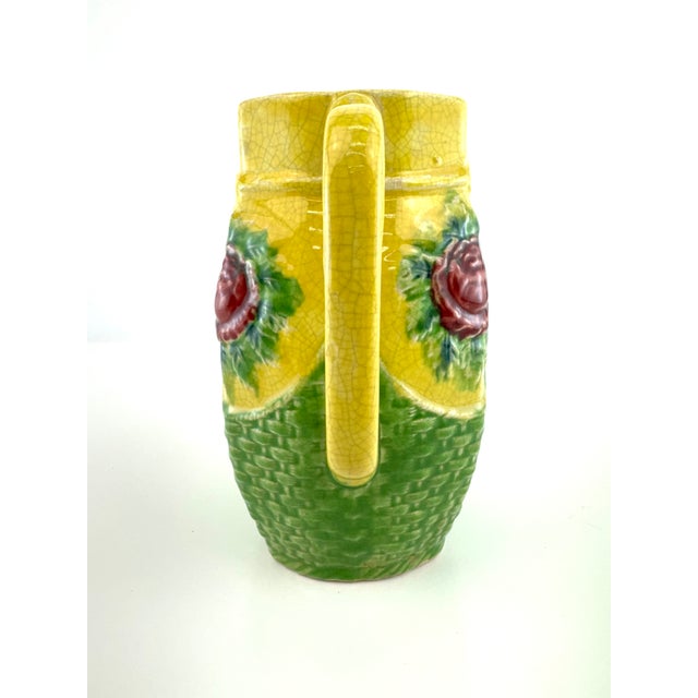 Yellow Vintage Japanese Majolica Style Strawberry Pitcher With Basketweave Base For Sale - Image 8 of 12