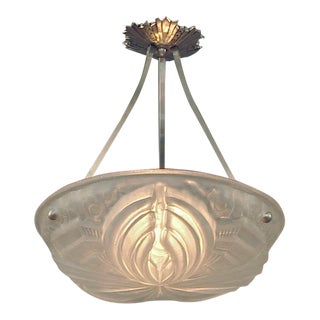 French Glass Lighting Bowl/Pendant With Custom-Configured Brushed Nickel Mount For Sale