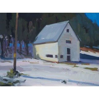 Within the Snow by Samantha Buller | Oil on panel depicting a snow-covered landscape with a house. For Sale