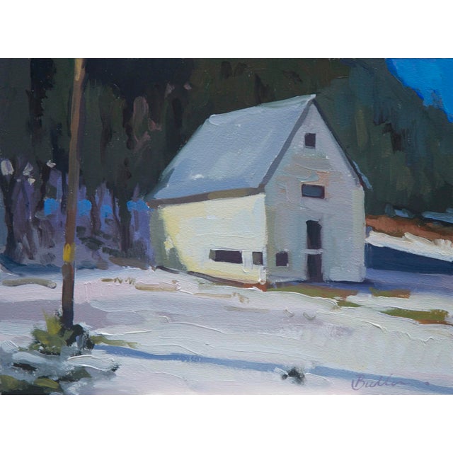 Within the Snow by Samantha Buller | Oil on panel depicting a snow-covered landscape with a house. For Sale