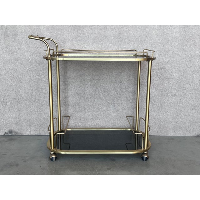 Art Deco Brass Dry Bar Cart With Smoked Two Tier Glass For Sale In Miami - Image 6 of 12