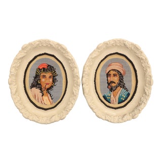 Bohemian Needlepoint Portraits - a Pair For Sale