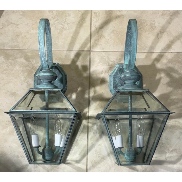 American Pair of Vintage Solid Brass Lanterns - 9” X 9” X 18” High For Sale - Image 3 of 10