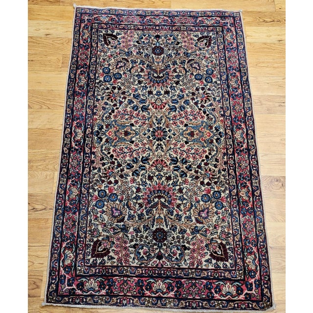 Vintage Persian Kerman Lavar Area Rug, Handwoven Floral Pattern, Ivory & Blue, 3’ X 5’ For Sale In Chicago - Image 6 of 12