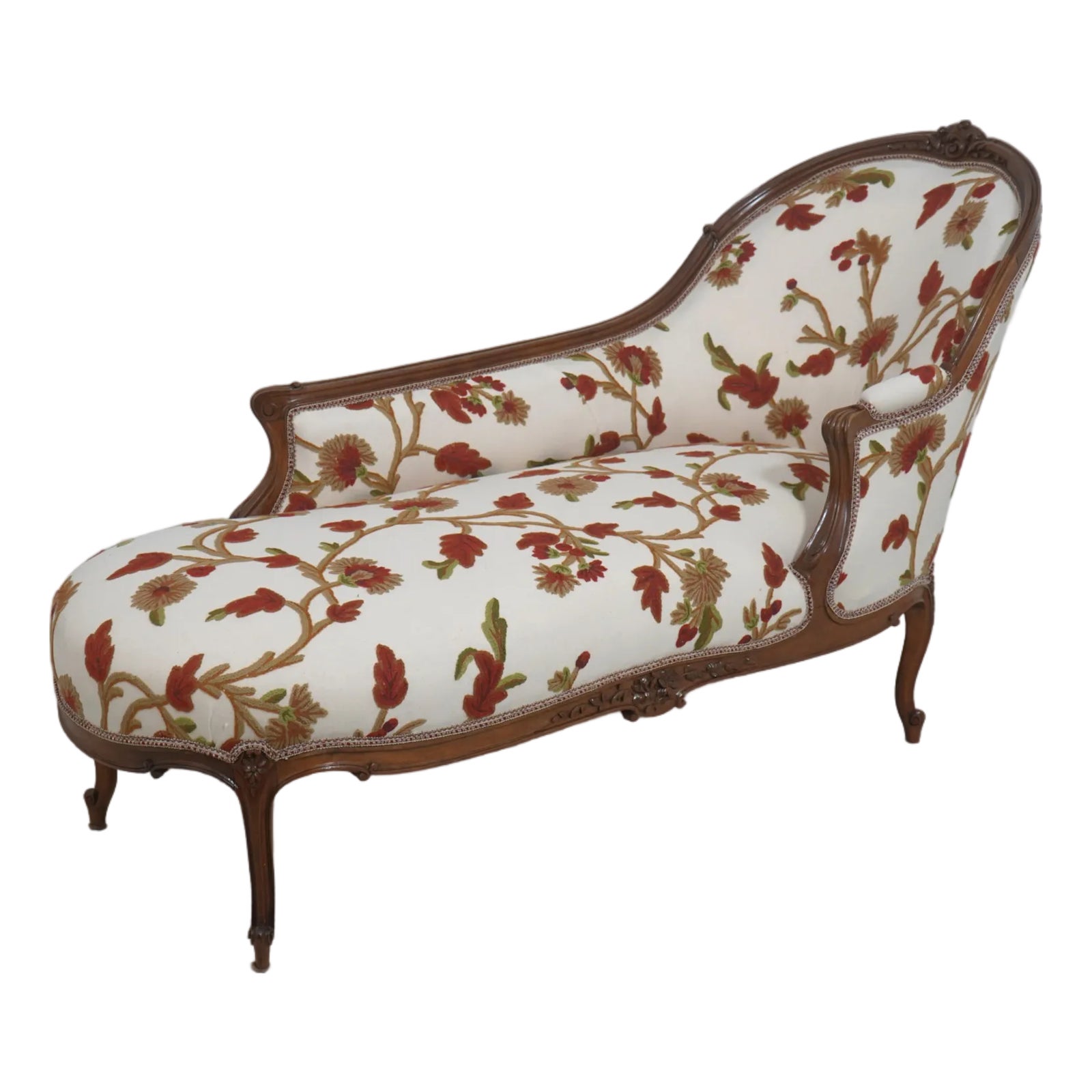 Vintage French Chaise Lounge New Crewel Work Upholstery | Chairish